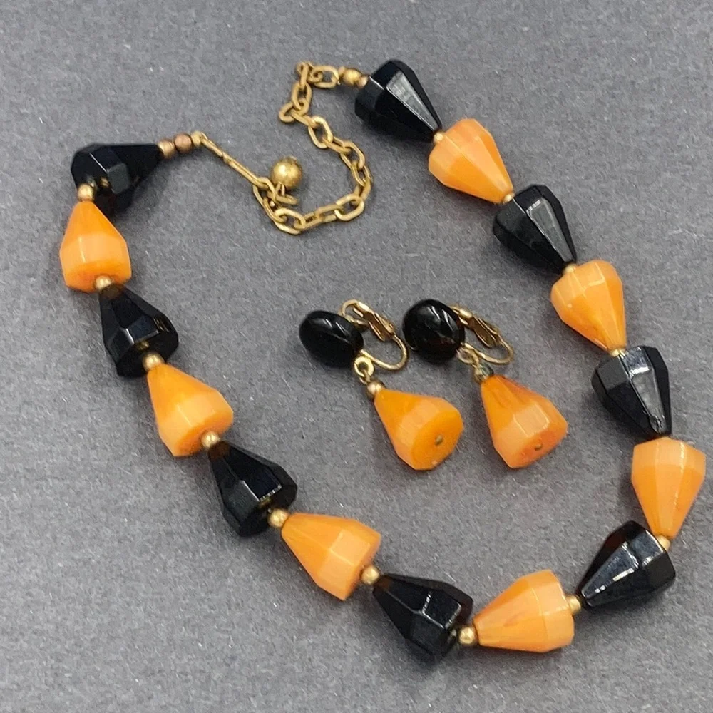 Vintage Bakelite Black Orange Pyramid Bead Necklace Earring Set